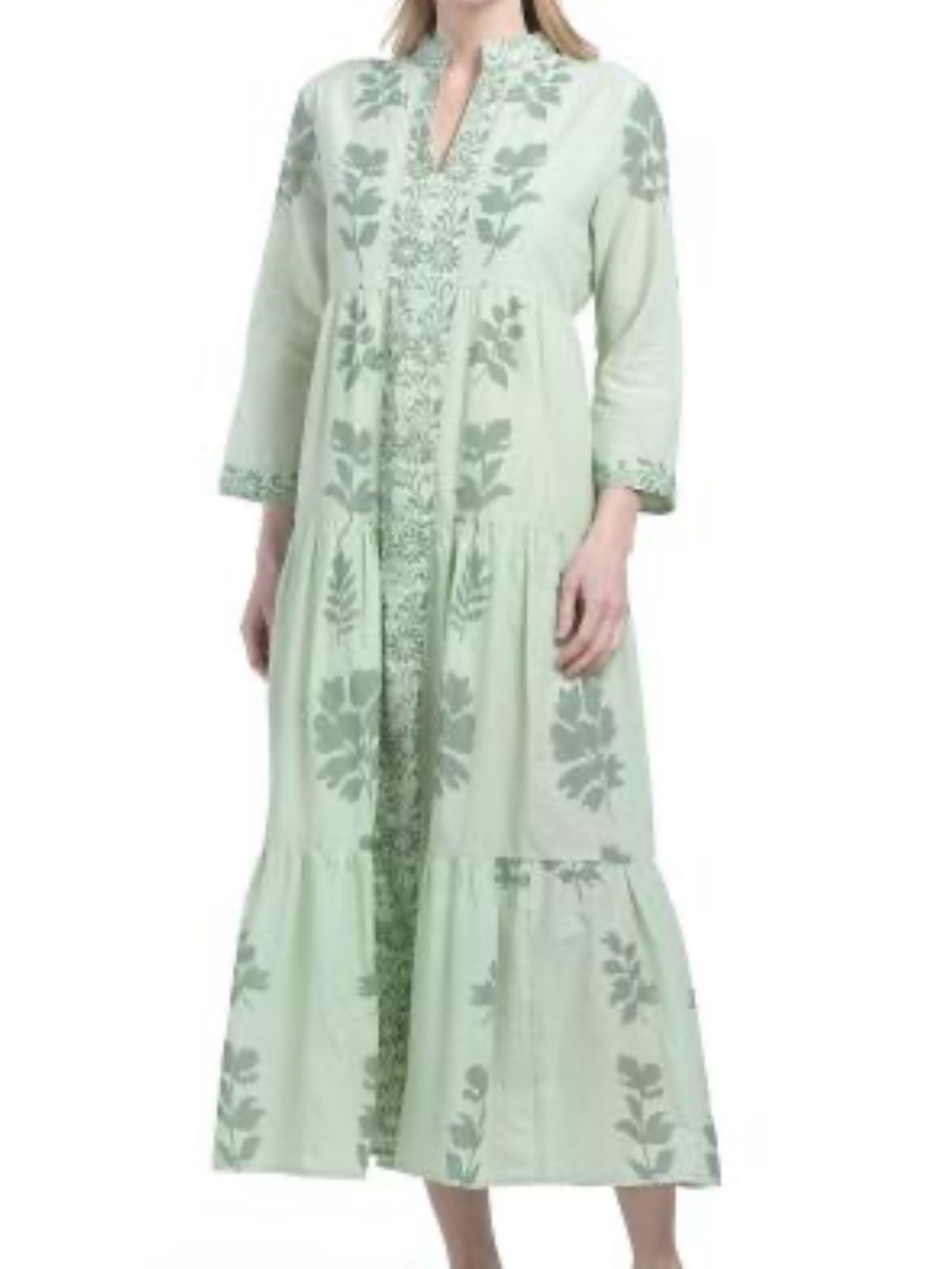 Calyoso St Barth Light Green Floral Embroidered Midi Dress
